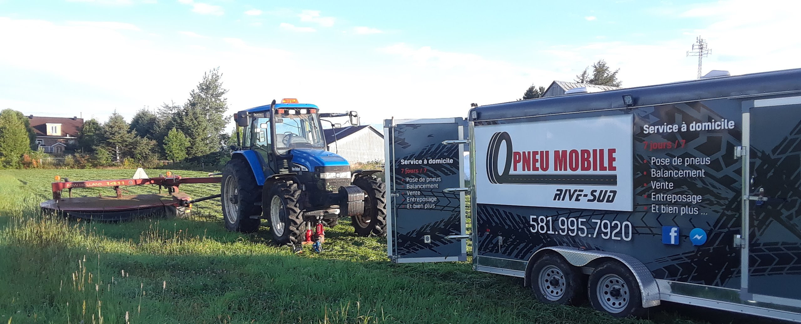 Service mobile de Pneu Mobile Rive-Sud avec un tracteur agricole et une remorque équipée pour la pose, le balancement et la vente de pneus, en pleine intervention sur le terrain.
